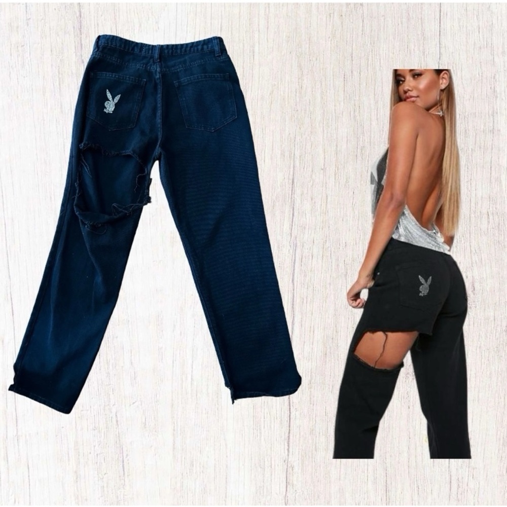 Playboy/Misguided Collaboration Black Denim shredded.